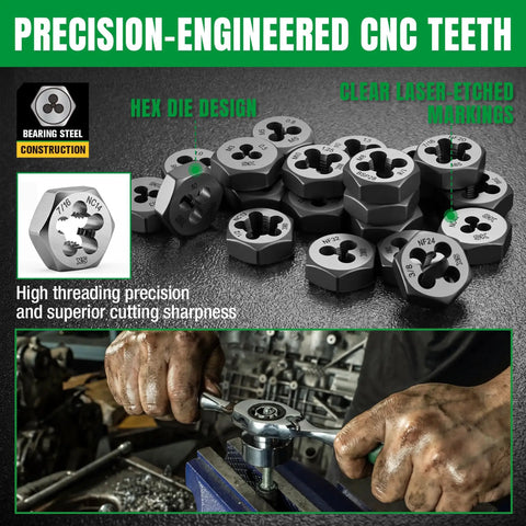 Top Notch 75 Piece Ratcheting Tap And Die Set Featuring SAE Metric Threads With Heavy Duty HSS Bits And Smooth 72 Tooth T Handle For Tight Quarters Rethreading Jobs That Rock. Hex die taps and ratchet tap wrench in use