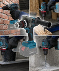 Professional Brushless Cordless Impact Drill Featuring 1/2 Inch Keyless Chuck And Serious 160 Nm Torque Output For Makita 18V Batteries drilling into brick, wood and steel.