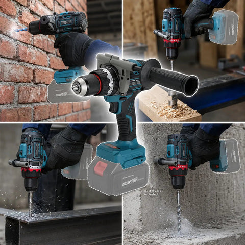 Professional Brushless Cordless Impact Drill Featuring 1/2 Inch Keyless Chuck And Serious 160 Nm Torque Output For Makita 18V Batteries drilling into brick, wood and steel.