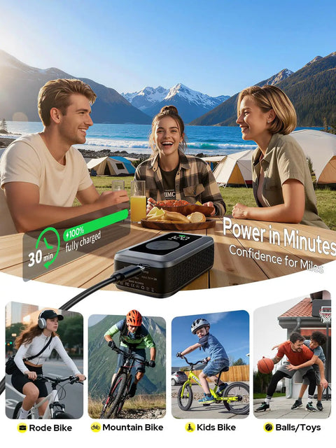 Mini Bike Tire Pump With Digital Gauge And Auto Stop Portable 120 PSI Electric Air Pump showcased with various outdoor applications