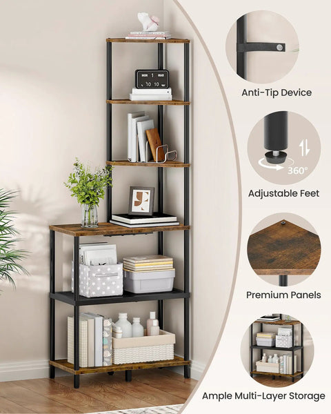 Heavy Duty Six Tier Industrial Corner Shelf With Swap Out Wood And Steel Mesh Boards Plus Work Surface Kicks Up Storage In Tight Quarters Perfect For Clean Setups In Apartments Or Home Offices Rustic Tone in a stylish corner with plants and decor.