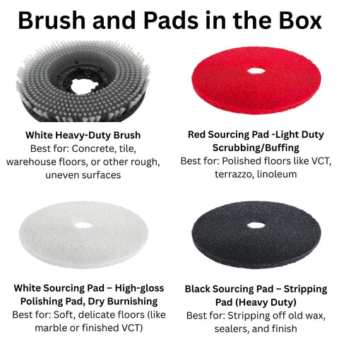 Brush and pads included in 17 Inch Walk Behind Floor Scrubber Machine With 7.9 To 9.2 Gallon Tanks, 19000 Sq Ft Per Hour, kit
