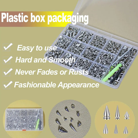 Plastic box containing Dope Punk Studs And Spikes Kit Featuring 593 Heavy Duty Cone And Square Pyramid Studs Plus Awl Punch Set.