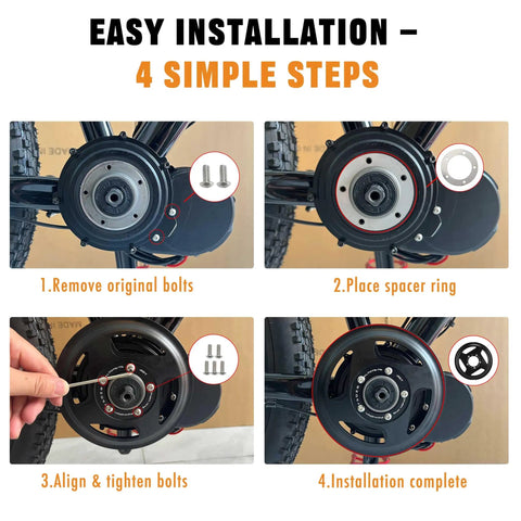 Installation steps for 38T Offset Chainring For Tongsheng Varstrom TSDZ-8 750W Mid Drive Motor, CNC 7075-T6 Aluminum, 13.5mm Offset
