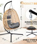 Hanging Egg Chair With Stand For Patio And Garden Wicker Swing Hammock Style With 350 Lbs Capacity Cozy Indoor Outdoor Chair In Yellow Gray Perfect Balcony Or Backyard Relaxation, showing dimensions and features.