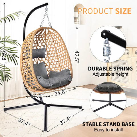 Hanging Egg Chair With Stand For Patio And Garden Wicker Swing Hammock Style With 350 Lbs Capacity Cozy Indoor Outdoor Chair In Yellow Gray Perfect Balcony Or Backyard Relaxation, showing dimensions and features.