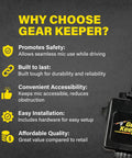 Gear Keeper promotional image detailing safety, durability, accessibility, installation, with product logo visible.