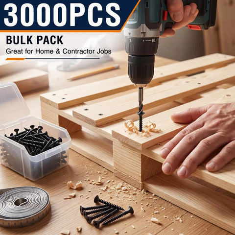 Top Shelf Heavy Duty 3000 Piece Bulk Pack Size Six By Three Quarters Inch Drywall Screws With Coarse Threads And Bugle Heads Phillips Drive Black Phosphate Carbon Steel For No Sweat Wall Repairs being used with a drill on wooden boards.