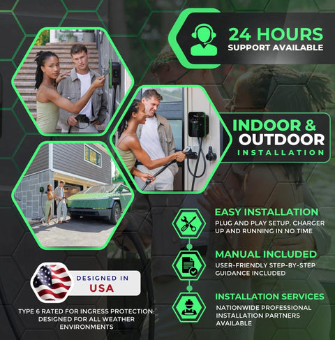 Fast Hardwired Level 2 EV Charger With NACS Tesla Connector Forty Eight Amps Eleven Point Five Kilowatts Wall Mount EVSE in use