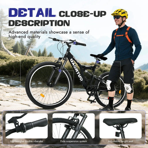 Person with 7 Speed Mountain Bike 26 Inch Dual Suspension MTB For Men Women Adults, Heavy Duty High Carbon Steel Frame, Black