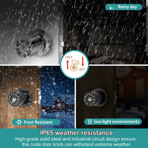Keypad Door Knob With Keyless Entry and Code Lock, Auto Lock, Backlit Keypad in outdoor settings with weather resistance.