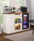 Snack Bar Cabinet With Fridge Space And Candy Display Shelf in a home setting, showcasing snacks, coffee machine, and drinks.