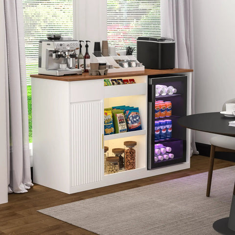Snack Bar Cabinet With Fridge Space And Candy Display Shelf in a home setting, showcasing snacks, coffee machine, and drinks.