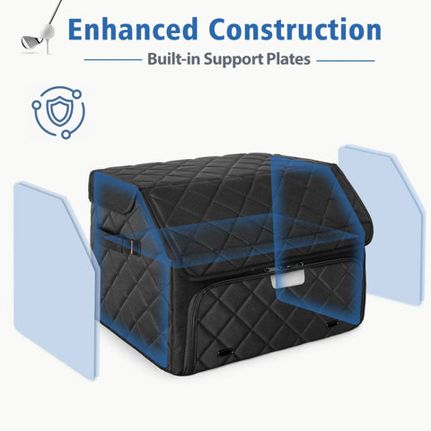 Dual Layer Golf Trunk Organizer With Ventilated Shoe Compartment For Two Pairs Of Shoes showcasing support plates