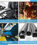 Image collage showing anti-corrosion wheel assembly, a person welding, gloves on a rail, and metal tubes with electrophoretic coating.
