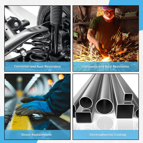 Image collage showing anti-corrosion wheel assembly, a person welding, gloves on a rail, and metal tubes with electrophoretic coating.