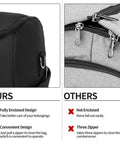 Seyfocnia rolling garment bag, black; left shows corner with top zipper, right shows close-up dual zipper pulls on gray fabric.