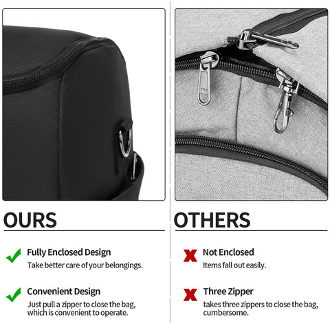 Seyfocnia rolling garment bag, black; left shows corner with top zipper, right shows close-up dual zipper pulls on gray fabric.