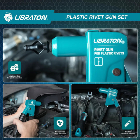Heavy Duty Steel Plastic Rivet Gun Kit With Ergonomic Anti Slip Handle And Flush Cutter For Nylon Fasteners Auto Trim Do It Yourself Home Repairs One Hand Operation Runs Like Butter No Sweat Easy Pull Design Lightweight At Just Zero Point Eight Pounds in use on car interior.