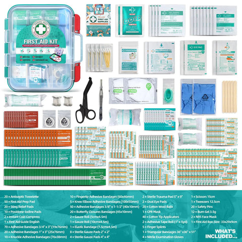 420 Piece Pro First Aid Kit In A Sturdy Hard Case With Premium Medical Supplies shown in organized compartments
