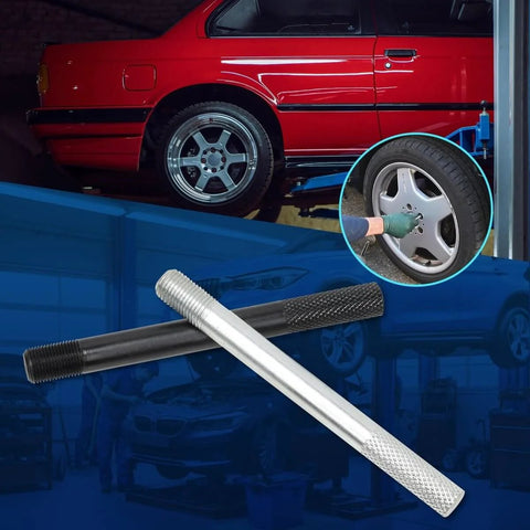10 Piece Wheel Alignment Pin Set Heavy Duty Steel Alloy Wheel Hanger Guide Tool For Pros Universal Fit shown with car wheel