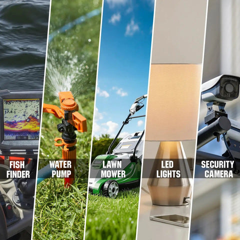 5 applications of 12V 10Ah LiFePO4 Deep Cycle Battery With Built In BMS For Fish Finder Lighting And Backup Power Your Go To Portable Power Pack With 3000 Plus Cycles Lightweight And Easy To Carry: fish finder, water pump, lawn mower, LED lights, security camera.