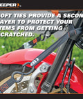 Heavy Duty Ratchet Tie Down Straps Kit 1 Inch By 15 Feet secure motorcycle with soft loop extensions on front wheel.