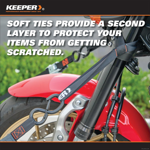Heavy Duty Ratchet Tie Down Straps Kit 1 Inch By 15 Feet secure motorcycle with soft loop extensions on front wheel.
