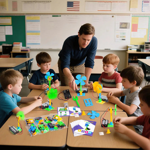 Teacher guiding children with Eight Pack Electrical Fan STEM Kits For Kids Ages 8 To 12 in a classroom project setting.