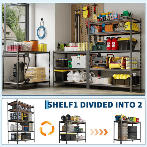 4 Pack Heavy Duty Adjustable 5 Tier Metal Storage Shelves Rock Solid Garage Shelving Rack Anti Rust Steel Heavy Lifter With 2000 Lbs Load Capacity with various tools and items stored on shelves.