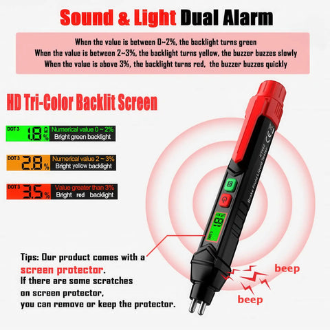 DIY Friendly Brake Fluid Moisture Tester Pen For DOT3 DOT4 DOT5.1, Must Have Garage Grade Vehicle Diagnostic Tool, Hydraulic Fluid Reader, Oil Moisture Meter For Quick, Accurate Brake Fluid Status. Black and red pen-style tester with clip and screen.