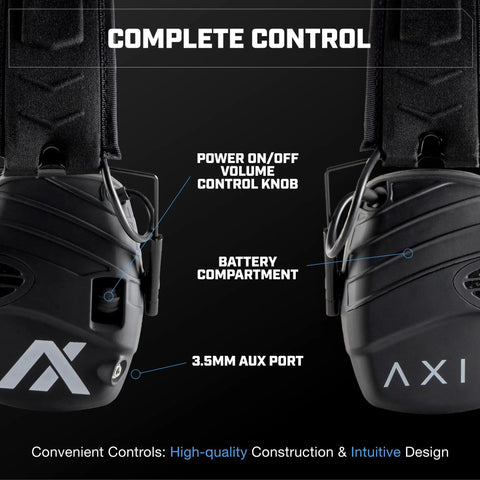 TrackR Noise Cancelling Ear Muffs For Mowing Construction And Shooting With Electronic Hearing Protection close-up of controls