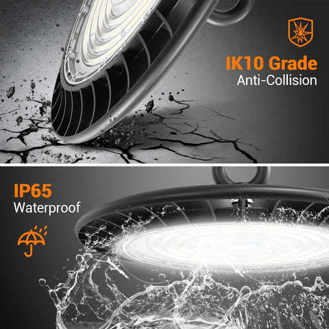 2 Pack 100W LED High Bay Lights For Garage, Shop And Warehouse, 5000K Daylight, 13000 Lumens, 110V Plug, impact and water resistant