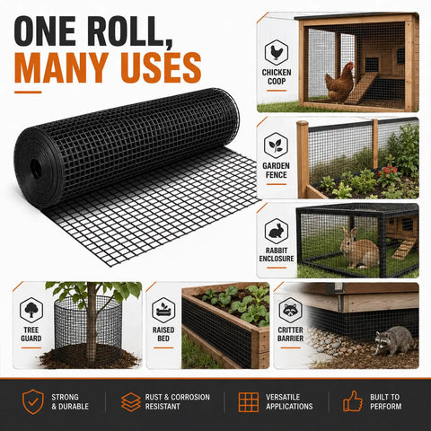Built Like A Brick 1/2 Inch Hardware Cloth Tough As Nails Chicken Wire Fencing Roll For Yard Birds And Garden Protection 48 By 100 Feet 19 Gauge Steel Mesh Barrier displayed in various uses for garden and animal protection.