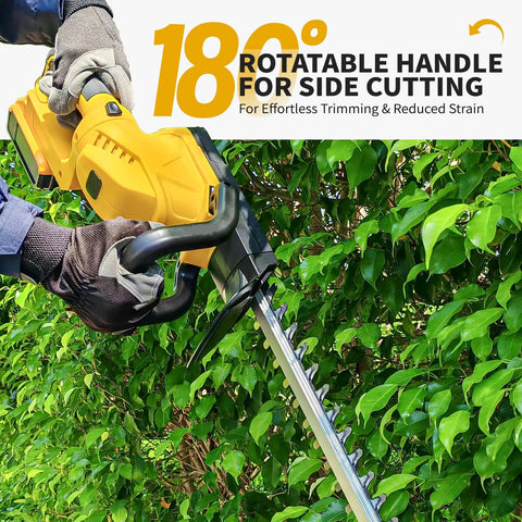 Gardener using 52cm Cordless Hedge Trimmer With Rotatable Handle And Brushless Motor For Garden And Yard 20V Battery Powered Electric Hedge Trimming Tool With Dual Action Blade Battery Not Included Pro Grade Beast Power on green hedge