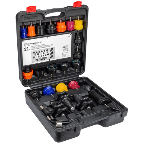22 Piece Cooling System Pressure Tool Kit With Precision Leak Detection Pump And Universal Expandable Adapters for Cars and Trucks in a sturdy black case.