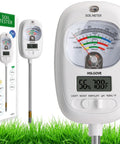 7 In 1 Soil Tester Kit with Dual LCD Readouts; device and packaging on grass; moisture, pH, fertility, and temperature display.