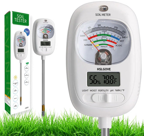 7 In 1 Soil Tester Kit with Dual LCD Readouts; device and packaging on grass; moisture, pH, fertility, and temperature display.