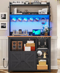 35.4 Inch Coffee Bar Cabinet With Power Outlet And Storage, showcasing LED lights, wine glass holder, and hooks, in a kitchen setup.