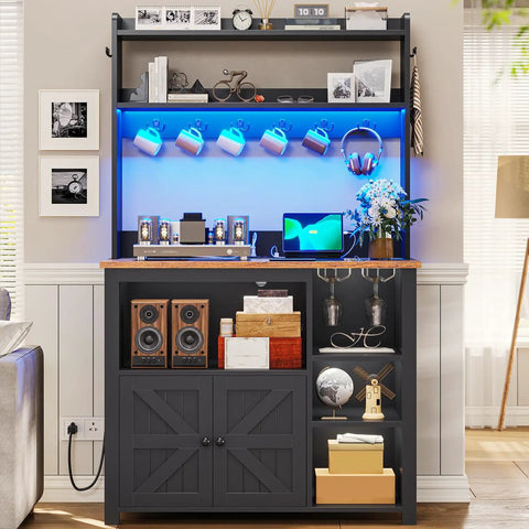 35.4 Inch Coffee Bar Cabinet With Power Outlet And Storage, showcasing LED lights, wine glass holder, and hooks, in a kitchen setup.