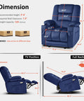 Dimensions and reclining positions of Zero Gravity Power Recliner Chair With Heat And Vibration Massage USB Type C Ports Remote.