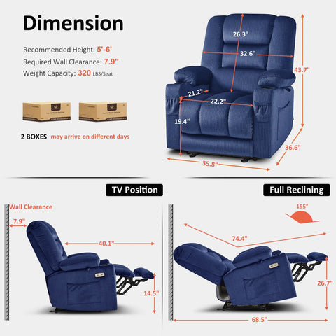 Dimensions and reclining positions of Zero Gravity Power Recliner Chair With Heat And Vibration Massage USB Type C Ports Remote.