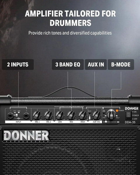 35-Watt Drum Amplifier With Dual 8-Inch Speakers For Jam Sessions 2-Channel Output 3-Band EQ DI Out Wireless Audio Black Finish