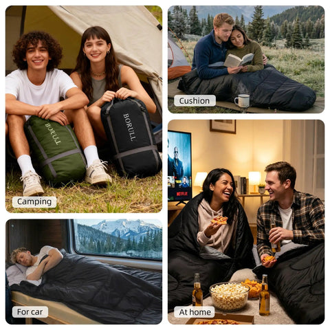 Oversized Double Sleeping Bag For Two Adults Queen Size With Two Pillows Built For Camping in various outdoor and indoor settings.