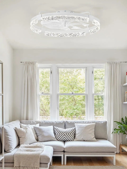 24 Inch Ceiling Fan With LED Lights And Smart App Remote Flush Mount Design Provides Legit Wide Airflow For Bedrooms And Living Rooms Straight Up Smooth Daily Cooling in a modern living room.