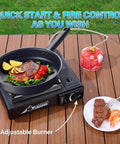 Three Fuel Portable Camping Stove cooking steak with vegetables, showing adjustable burner and propane connection on wooden surface.