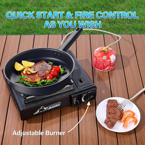 Three Fuel Portable Camping Stove cooking steak with vegetables, showing adjustable burner and propane connection on wooden surface.