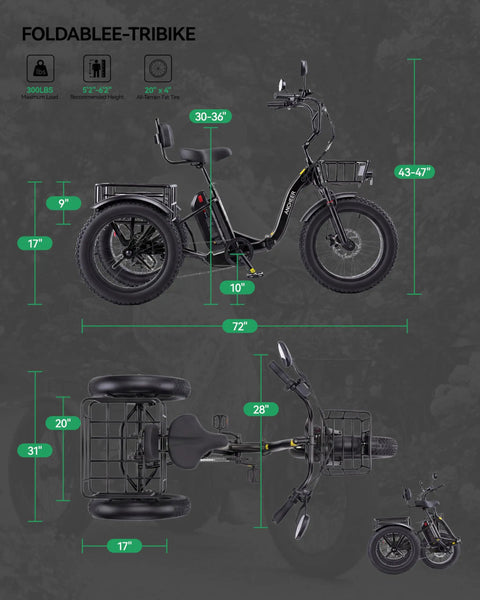 Three Wheel Electric Tricycle For Adults With 749W Motor And 48V 864Wh Battery, 20 By 4.0 Inch Fat Tires, 15.5 MPH Top Speed, Up To 65 Mile Range, 3A Fast Charger, UL2849 Compliant, Smooth Parking Assist, Durable Comfort Ride, foldable frame dimensions