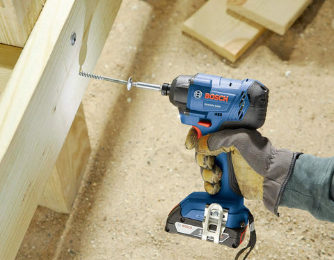 User operating 18V 1/4 Inch Hex Impact Driver Kit With 2Ah Battery, driving screw into wood with high torque and precision.