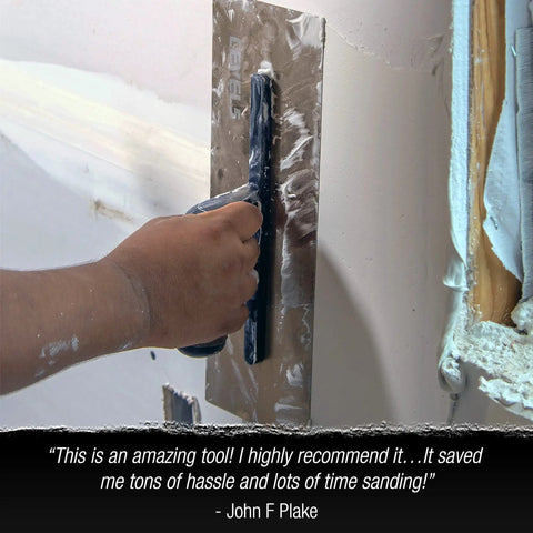 Flex Drywall Curved Trowel 14 X 4.75 Inch 0.5mm Blade in use smoothing plasterboard wall